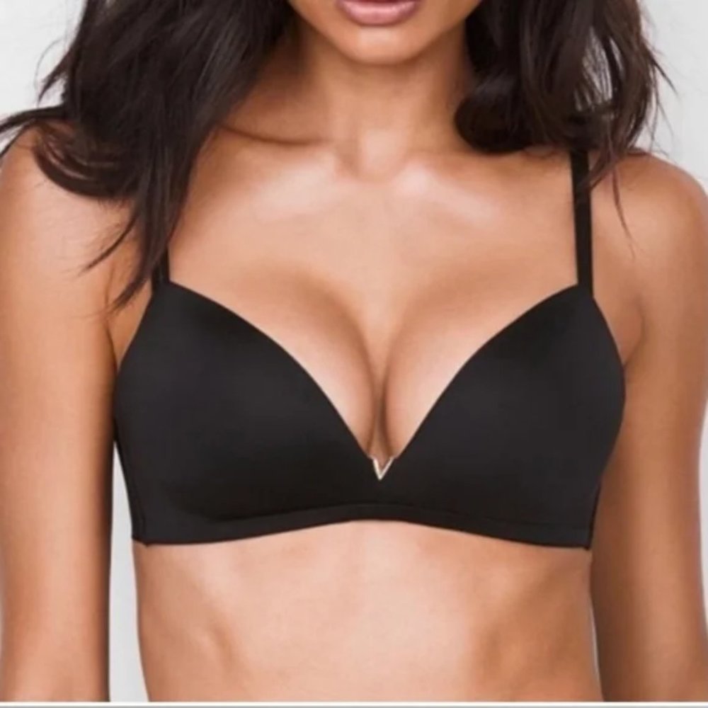 Victoria's Secret Sexy Illusion Wireless Lined Demi Bra Black Gold V Detail 32C